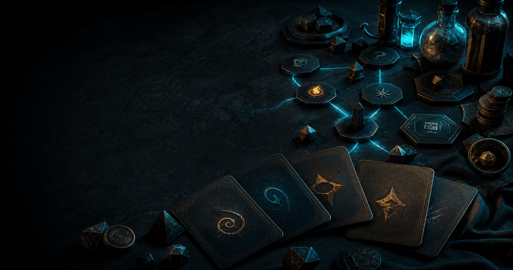 Abstract tabletop deckbuilding strategy scene with cards, route markers, potions, and coins