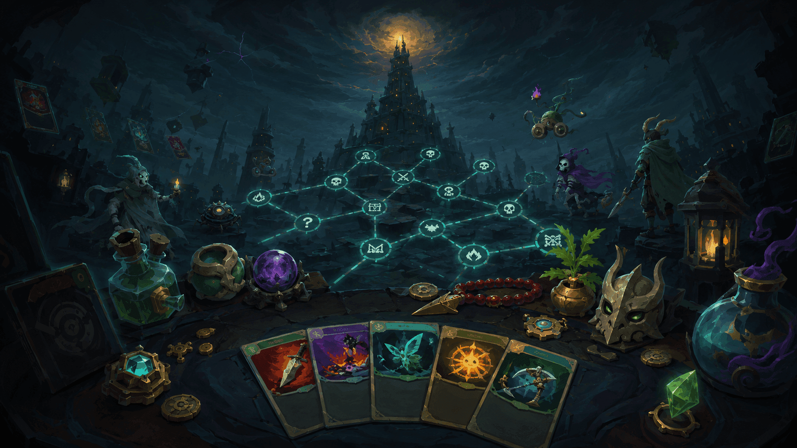 Fan-made Slay the Spire 2 strategy map with cards, relics, route nodes, enemies, and a distant spire