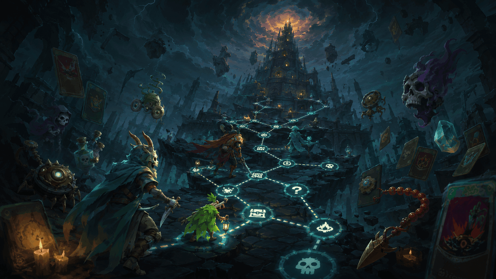 Fan-made Slay the Spire 2 patch strategy map with route nodes, cards, and relics
